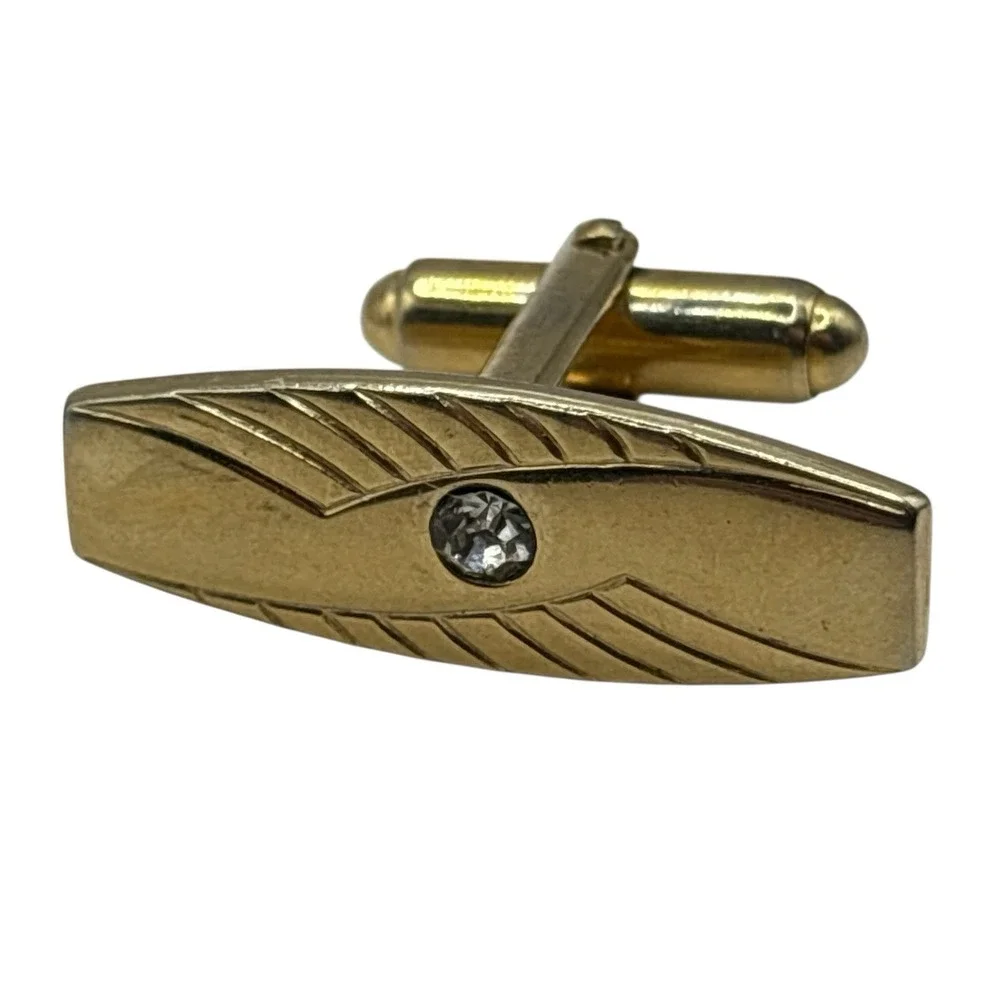 Vintage Gold Tone Cufflinks MCM Clear Rhinestone Geometric Long Bar Design